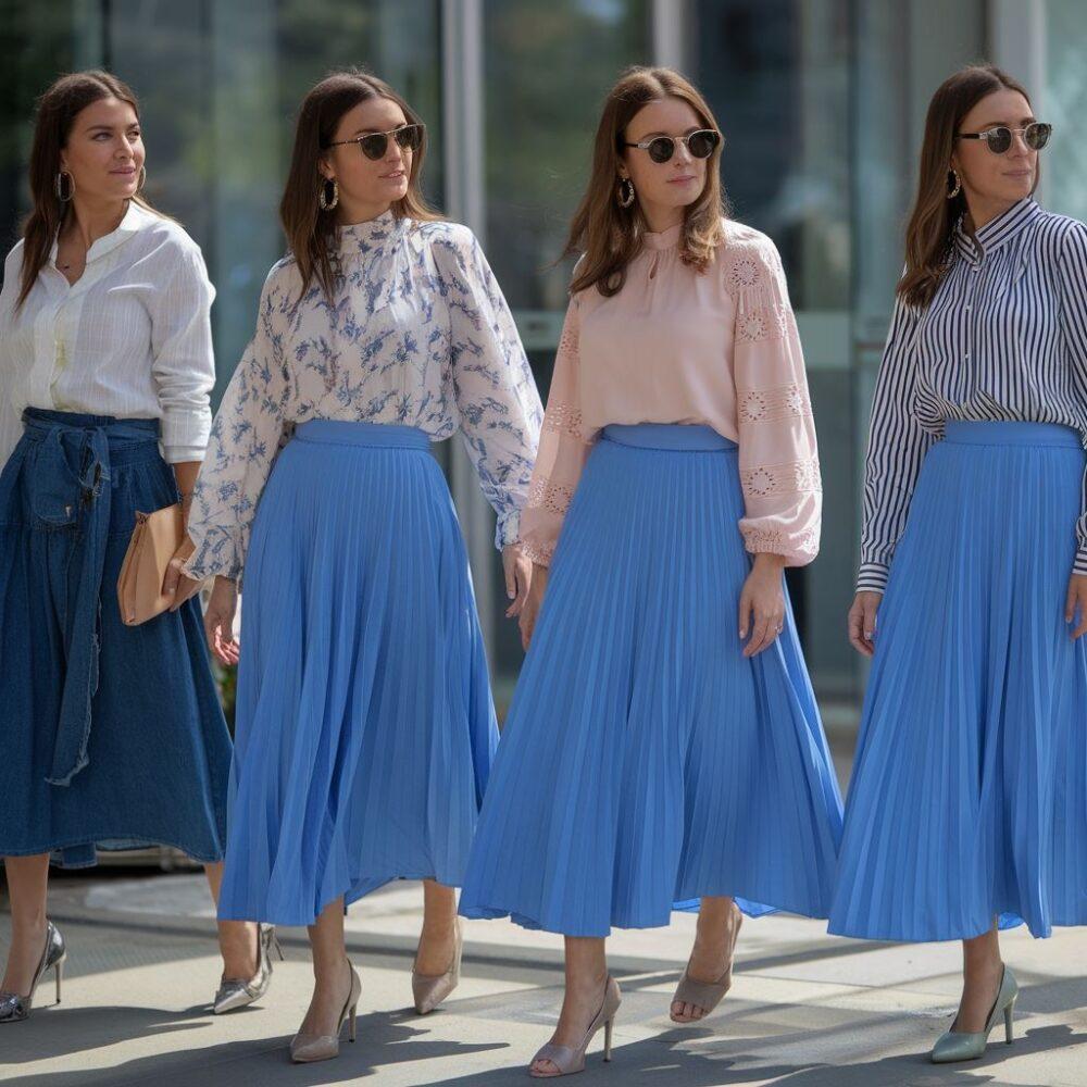 biała bluzka i niebieska spódnica