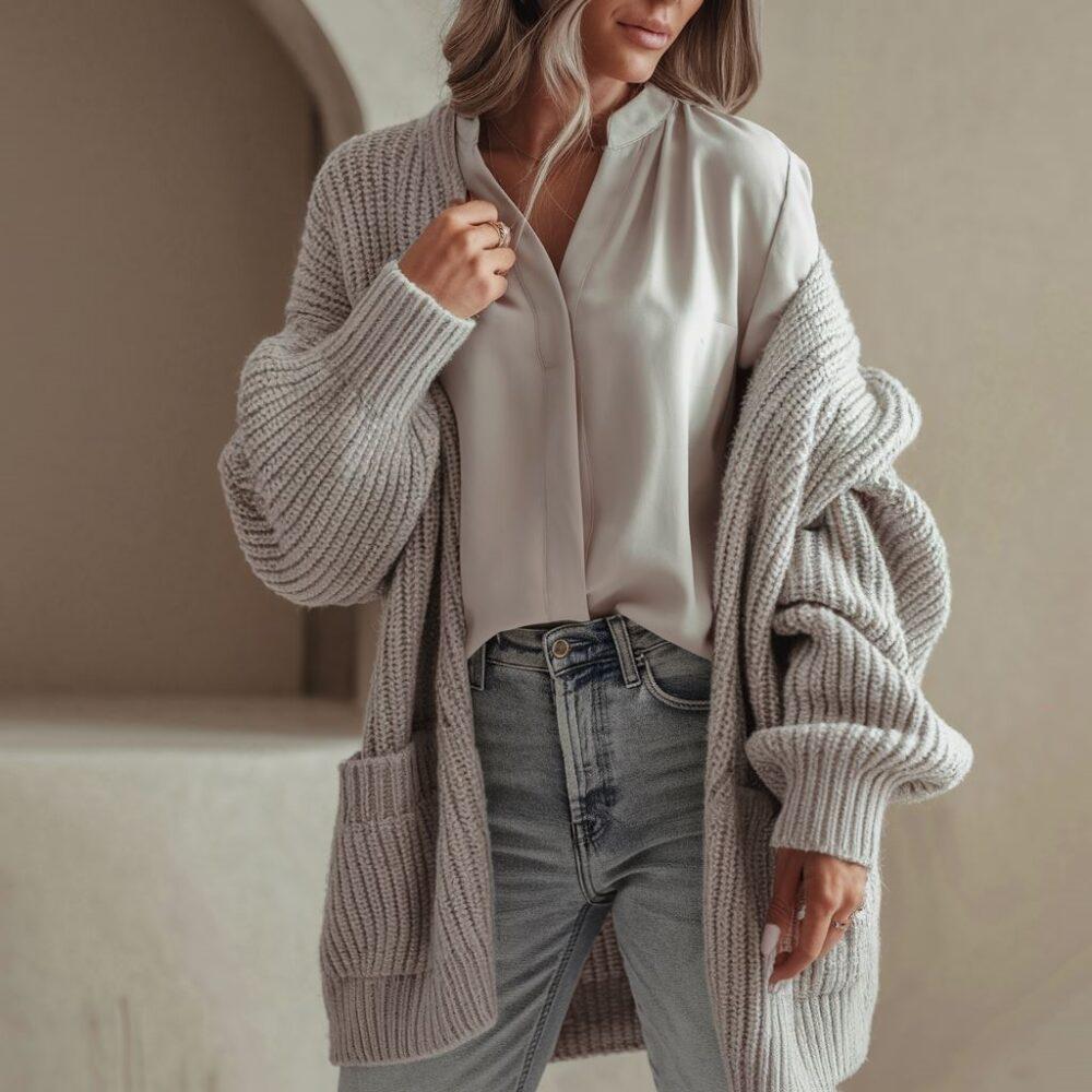 biały Tshirt pod kardiganem