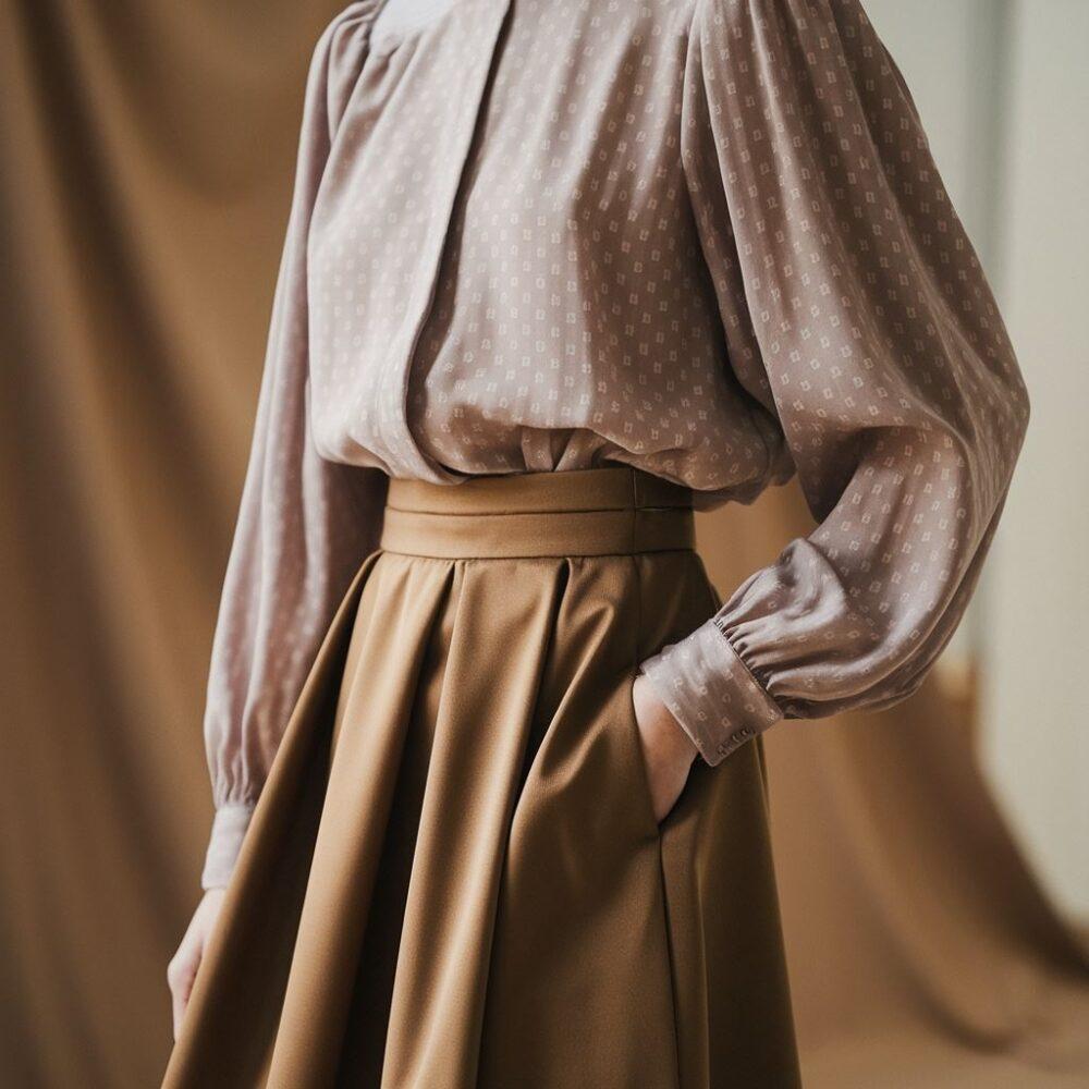 brązowa spódnica i kremowa bluzka