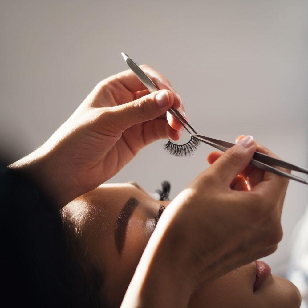 kobieta z pęsetą przy oku