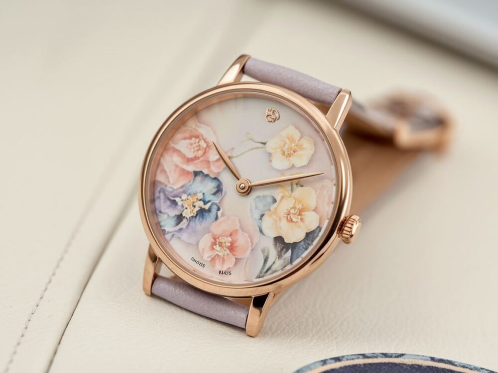 kwiatowy wzór na tarczy zegarka