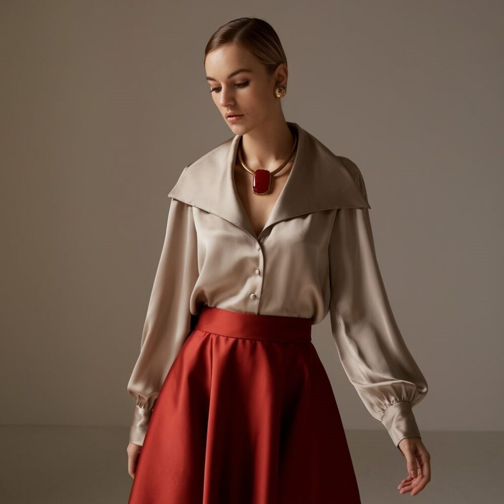 modna bluzka do czerwonej spódnicy
