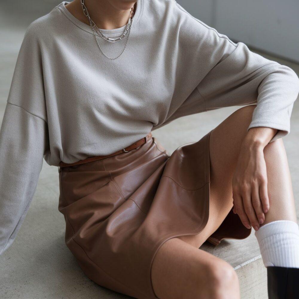 outfit z elegancką bluzką i skórzaną spódnicą