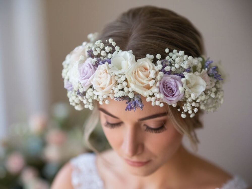 ślubna opaska z białymi kwiatami