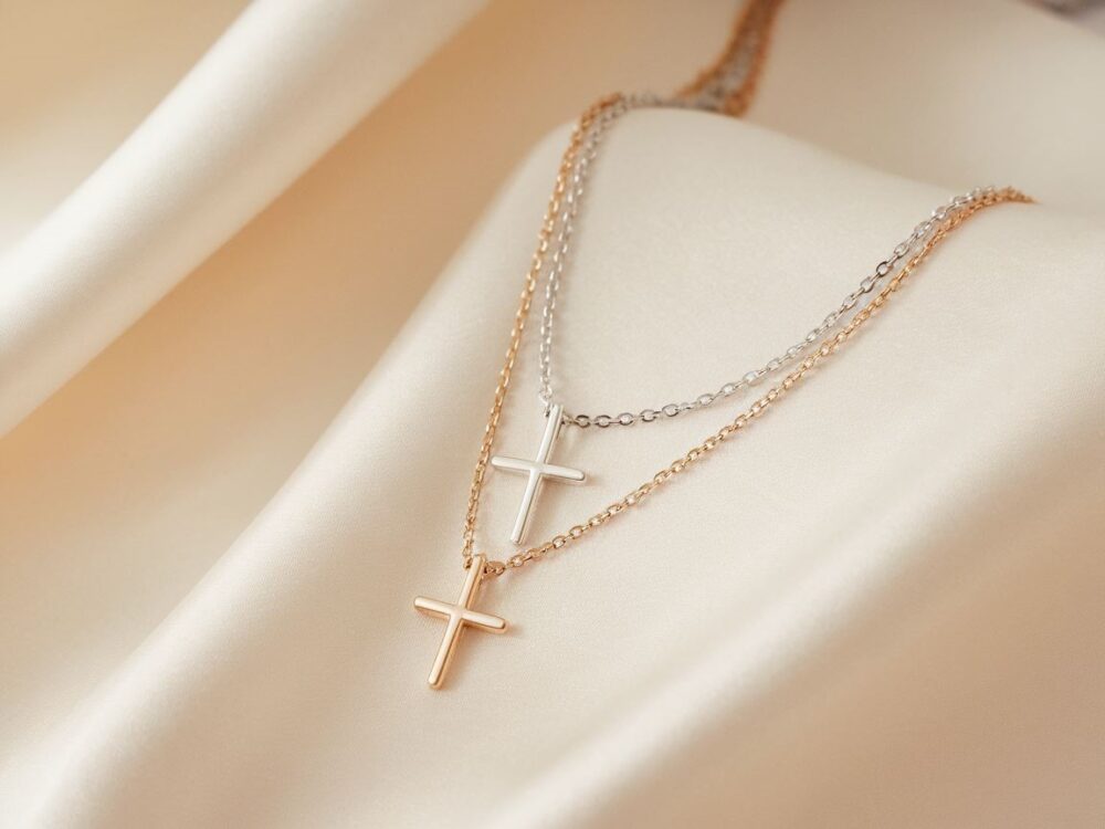 srebrny naszyjnik z krzyżykami