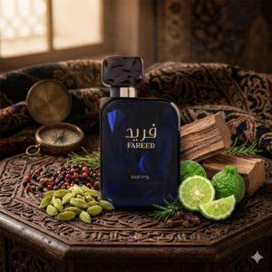 Elegancki granatowy flakon arabskich perfum Riiffs Fareed na jasnym tle