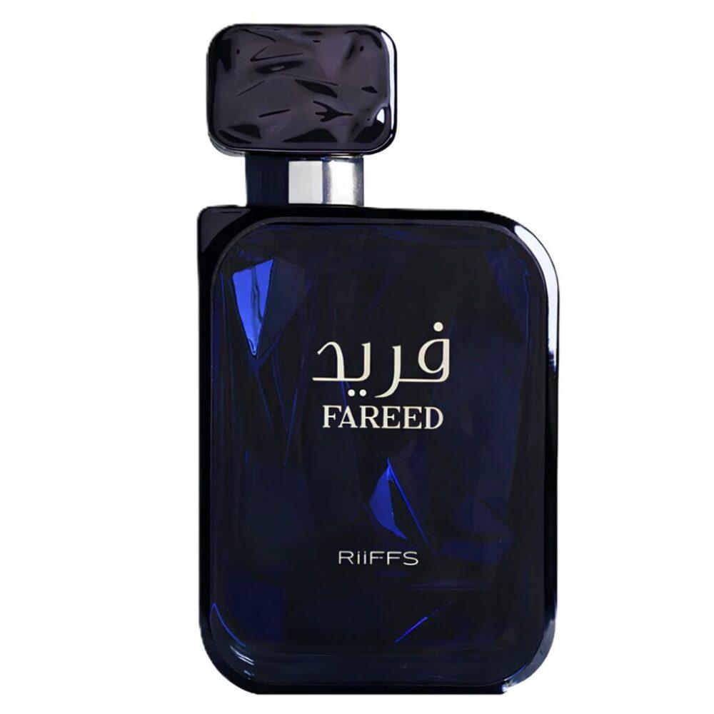 Męskie perfumy arabskie Riiffs Fareed w ciemnoniebieskiej geometrycznej butelce 