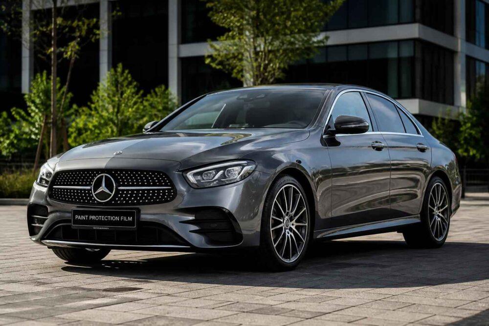 Szary Mercedes-Benz Klasy E zaparkowany przed nowoczesnym budynkiem w miejskiej scenerii